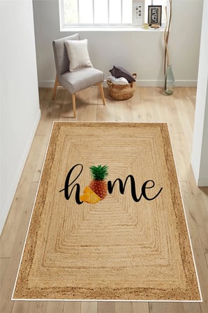 Jüt Görünümlü Home Yazılı Baskılı Kaymaz Yıkanabilir Mutfak Antre Hol Balkon Halısı Yolluk