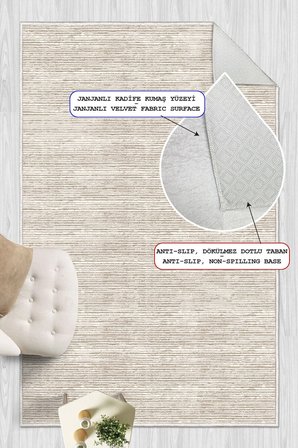Modern Hasır Dokulu Minimalist Bej Krem Dijital Baskılı Yıkanabilir Kaymaz Taban Salon Halısı Yolluk