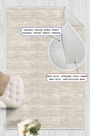 Modern Hasır Dokulu Minimalist Bej Krem Dijital Baskılı Yıkanabilir Kaymaz Taban Salon Halısı Yolluk