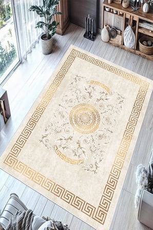 Çerçeveli Gold Desenli Baskılı Kaymaz Yıkanabilir Salon Oturma Odası Mutfak Balkon Halısı Yolluk