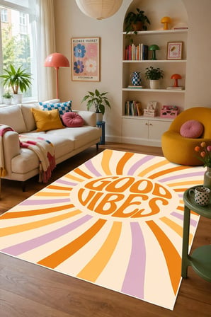 Good Vibes Yazılı Pinterest Desen Baskılı Kaymaz Yıkanabilir Salon Oturma Odası Mutfak Halısı Yolluk