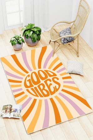 Good Vibes Yazılı Pinterest Desen Baskılı Kaymaz Yıkanabilir Salon Oturma Odası Mutfak Halısı Yolluk