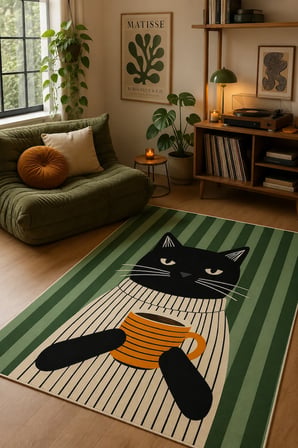 Pinterest Kedi Desenli Baskılı Kaymaz Yıkanabilir Salon Oturma Odası Mutfak Balkon Halısı Yolluk