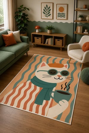 Pinterest Kedi Figürlü Baskılı Kaymaz Yıkanabilir Salon Oturma Odası Mutfak Balkon Halısı Yolluk