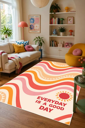 Pinterest Temalı Mottolu Renkli Baskılı Kaymaz Yıkanabilir Salon Oturma Odası Mutfak Halısı Yolluk