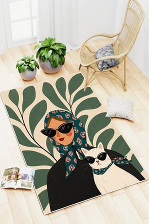 İkonik Kadın ve Kedi Figürlü Baskılı Kaymaz Yıkanabilir Salon Oturma Odası Mutfak Balkon Halısı Yolluk