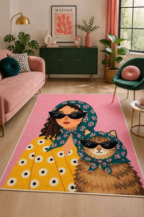 İkonik Kadın ve Kedi Desenli Baskılı Kaymaz Yıkanabilir Salon Oturma Odası Mutfak Balkon Halısı Yolluk