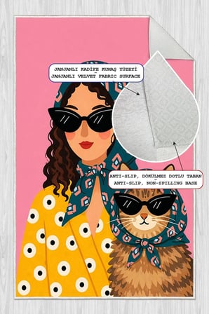 İkonik Kadın ve Kedi Desenli Baskılı Kaymaz Yıkanabilir Salon Oturma Odası Mutfak Balkon Halısı Yolluk