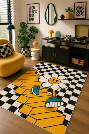 Pinterest Papatya Figürlü Baskılı Kaymaz Yıkanabilir Salon Oturma Odası Mutfak Balkon Halısı Yolluk