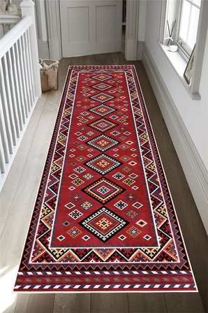Kırmızı Etnik Kilim Desenli Dijital Baskılı Kaymaz Taban Yıkanabilir Halı
