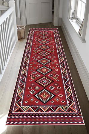 Kırmızı Etnik Kilim Desenli Dijital Baskılı Kaymaz Taban Yıkanabilir Halı