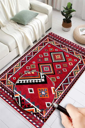 Kırmızı Etnik Kilim Desenli Dijital Baskılı Kaymaz Taban Yıkanabilir Halı