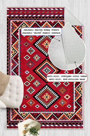 Kırmızı Etnik Kilim Desenli Dijital Baskılı Kaymaz Taban Yıkanabilir Halı