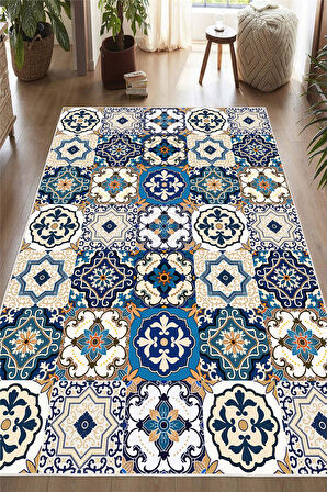 Dijital Baskılı Renkli Çini Desenli Kaymaz Taban Yıkanabilir Halı