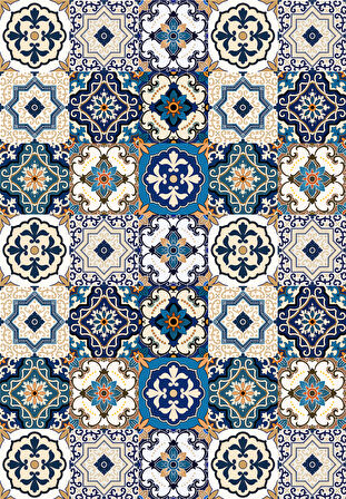 Dijital Baskılı Renkli Çini Desenli Kaymaz Taban Yıkanabilir Halı