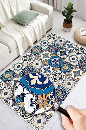 Dijital Baskılı Renkli Çini Desenli Kaymaz Taban Yıkanabilir Halı