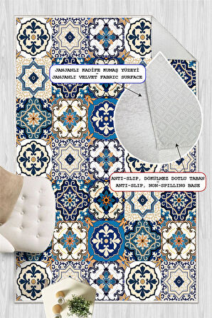 Dijital Baskılı Renkli Çini Desenli Kaymaz Taban Yıkanabilir Halı