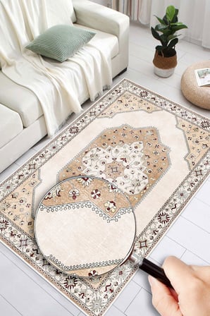 Klasik Desenli Dijital Baskılı Yıkanabilir Kaymaz Taban Salon Halısı