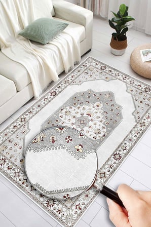 Klasik Desenli Dijital Baskılı Yıkanabilir Kaymaz Taban Salon Halısı
