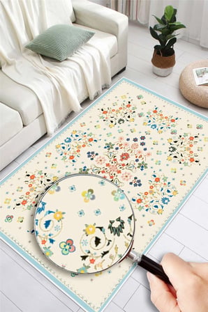 Çiçek Desenli Dijital Baskı Yıkanabilir Kaymaz Taban Modern Halı