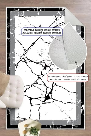 Mermer Desenli Modern Gri Çerçeveli Dekoratif Kaymaz Taban Yıkanabilir Halı