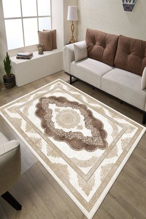 Klasik Desenli Dijital Baskılı Kaymaz Taban Yıkanabilir Salon Halısı Oturma Odası Halısı