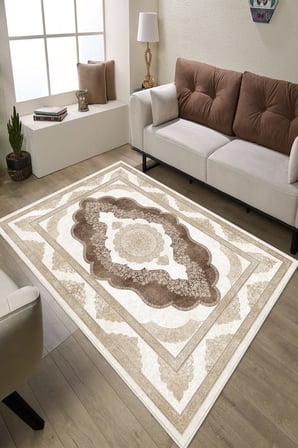 Klasik Desenli Dijital Baskılı Kaymaz Taban Yıkanabilir Salon Halısı Oturma Odası Halısı