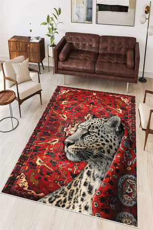 Leopar Figürlü Kırmızı Etnik Dijital Baskılı Yıkanabilir Kaymaz Taban Salon Oturma Odası Halısı