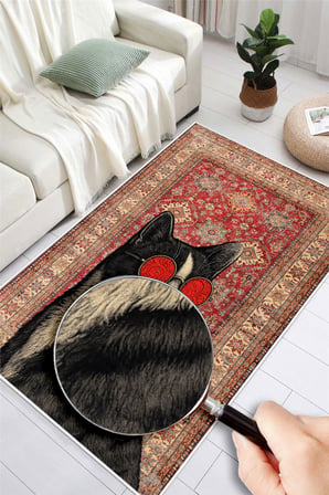 Kedi Figürlü Dijital Baskılı Yıkanabilir Kaymaz Taban Salon Oturma Odası Dekoratif Halı