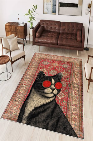 Kedi Figürlü Dijital Baskılı Yıkanabilir Kaymaz Taban Salon Oturma Odası Dekoratif Halı