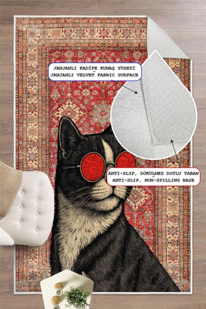 Kedi Figürlü Dijital Baskılı Yıkanabilir Kaymaz Taban Salon Oturma Odası Dekoratif Halı