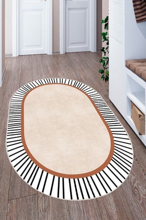 Modern Çizgili Oval Dijital Baskılı Kaymaz Taban Yıkanabilir Halı Salon Oturma Odası Antre Hol Halısı