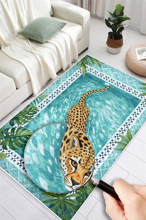 Tropikal Leopar Desenli Baskılı Kaymaz Yıkanabilir Salon Oturma Odası Hol Antre Mutfak Balkon Halısı