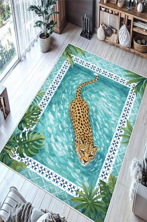 Tropikal Leopar Desenli Baskılı Kaymaz Yıkanabilir Salon Oturma Odası Hol Antre Mutfak Balkon Halısı
