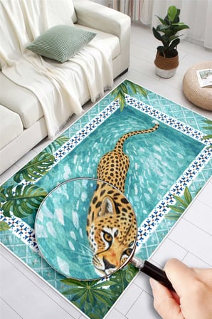 Tropikal Leopar Desenli Baskılı Kaymaz Yıkanabilir Salon Oturma Odası Hol Antre Mutfak Balkon Halısı