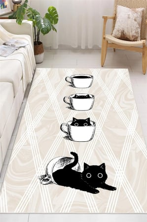 Kahve Fincanı ve Kedi Temalı Dijital Baskılı Yıkanabilir Kaymaz Taban Halı