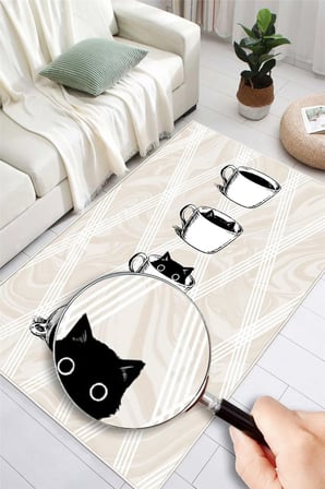 Kahve Fincanı ve Kedi Temalı Dijital Baskılı Yıkanabilir Kaymaz Taban Halı