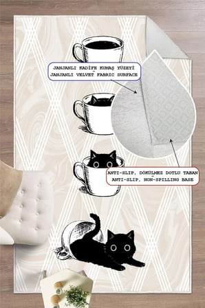 Kahve Fincanı ve Kedi Temalı Dijital Baskılı Yıkanabilir Kaymaz Taban Halı