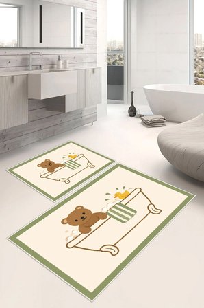 Minik Ayıcık ve Ördek Desenli Dijital Baskılı Yıkanabilir 2li Banyo Paspası (50x60-60x100)