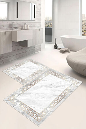 Dijital Baskı Klasik Kaymaz Taban 2li Set Banyo Paspası Klozet Takımı (50x60cm-60x100cm)