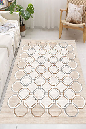 Geometrik Desenli Dekoratif Kaymaz Taban Yıkanabilir Salon Halısı