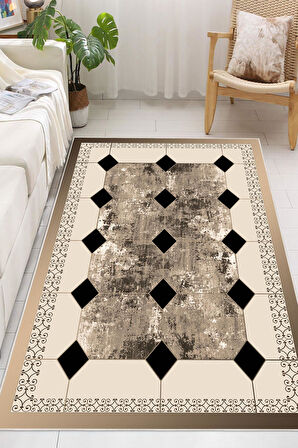 Çerçeve Desenli Dekoratif Kaymaz Taban Yıkanabilir Dijital Baskılı Salon Halısı