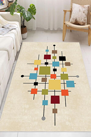 Dijital Baskılı Geometrik Desenli Dekoratif Kaymaz Taban Yıkanabilir Salon Halısı Yolluk