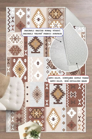 Dijital Baskılı Dekoratif Kilim Desen Kaymaz Taban Yıkanabilir Salon Halısı Yolluk