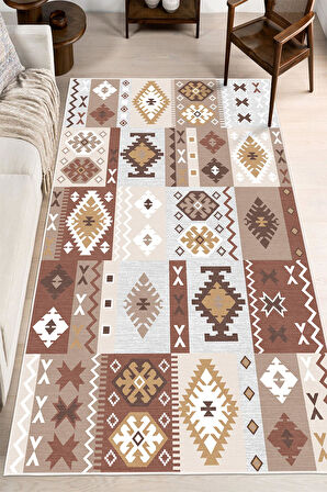 Dijital Baskılı Dekoratif Kilim Desen Kaymaz Taban Yıkanabilir Salon Halısı Yolluk
