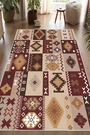 Dijital Baskılı Dekoratif Kaymaz Taban Yıkanabilir Kilim Desen Salon Halısı Yolluk