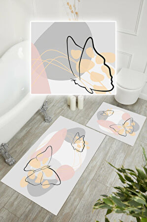 Dijital Baskı Kelebek Desen Kaymaz Taban 2li Set Banyo Paspası Klozet Takımı (50x60cm-60x100cm)