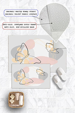 Dijital Baskı Kelebek Desen Kaymaz Taban 2li Set Banyo Paspası Klozet Takımı (50x60cm-60x100cm)