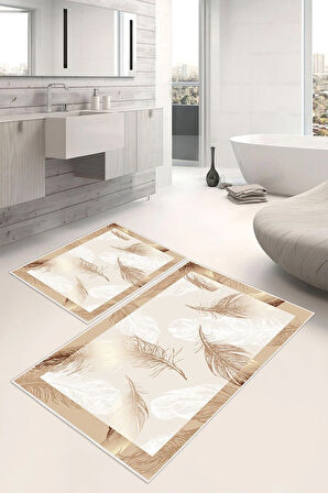Dijital Baskı Tüy Desen Kaymaz Taban 2li Set Banyo Paspası Klozet Takımı (50x60cm-60x100cm)