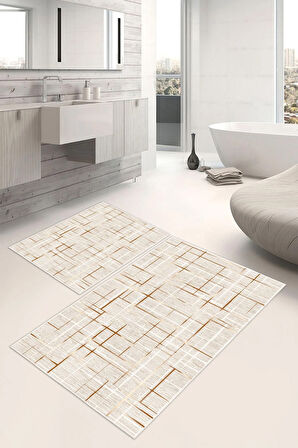 Dijital Baskı Çizgi Desen Kaymaz Taban 2li Set Banyo Paspası Klozet Takımı (50x60cm-60x100cm)